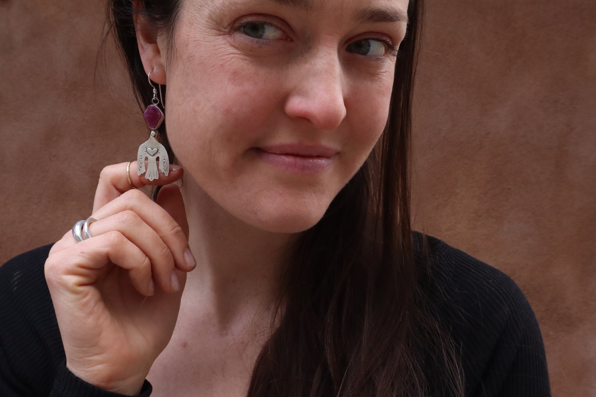 raw ruby earrings folk bird earrings handcrafted recycled silver earrings
