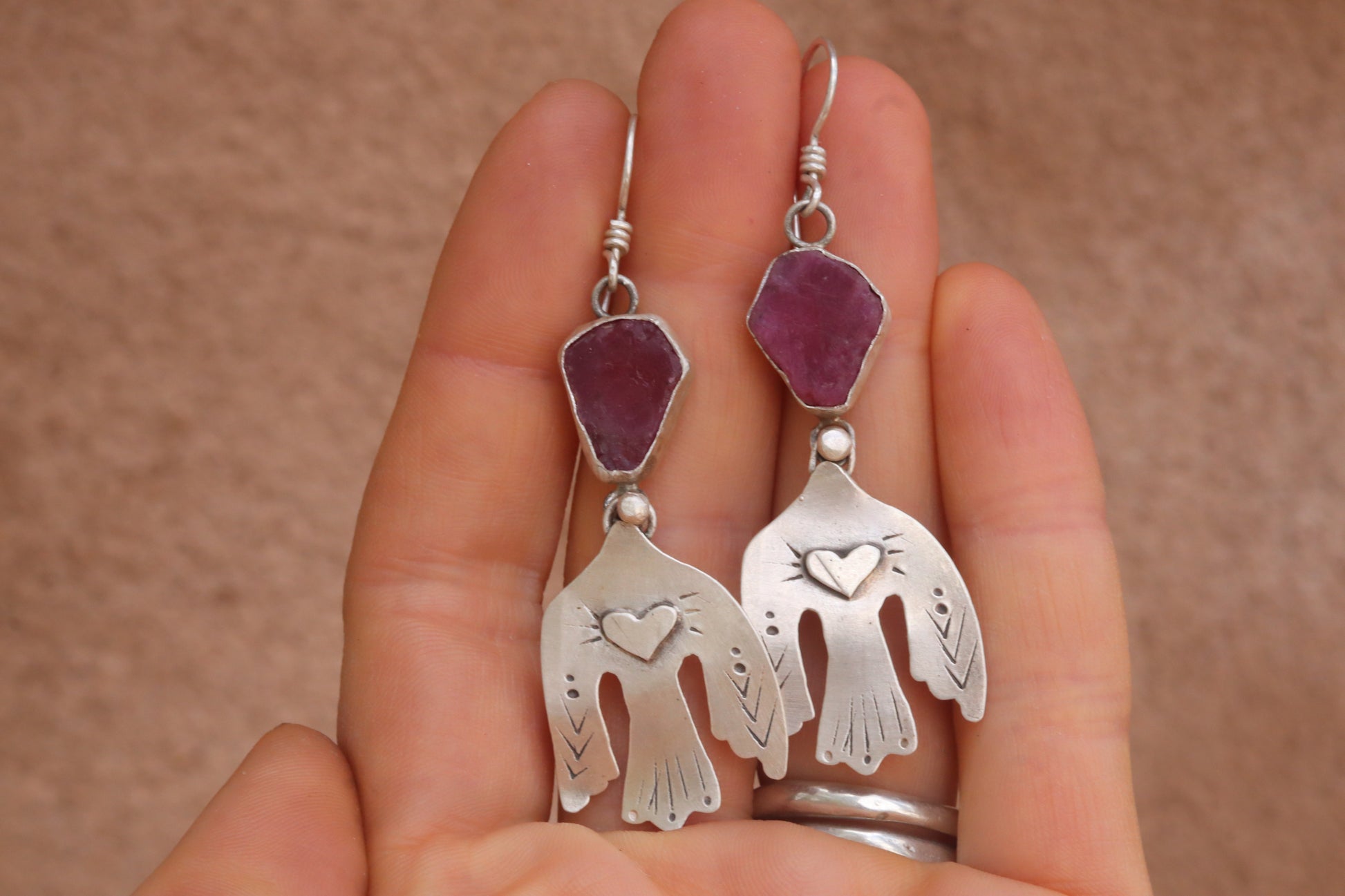 raw ruby earrings folk bird earrings handcrafted recycled silver earrings