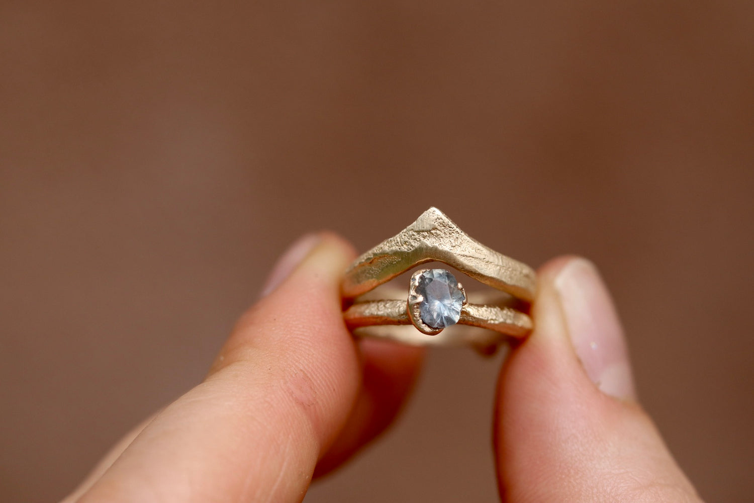 rustic organic sandcast solitaire ring alternative engagement 14kt recycled gold montana sapphire the arrowleaf